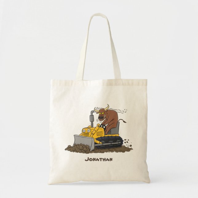 Funny bull driving bulldozer cartoon tote bag (Front)