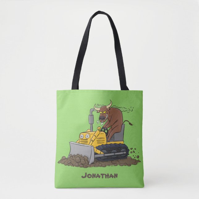 Funny bull driving bulldozer cartoon tote bag (Front)