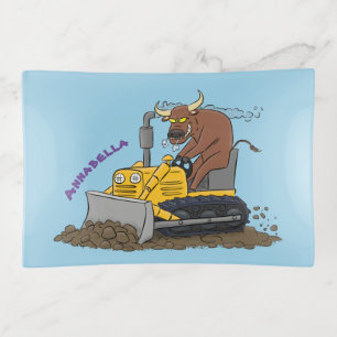 Funny bull driving bulldozer cartoon trinket tray