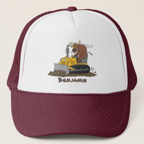 Funny bull driving bulldozer cartoon trucker hat