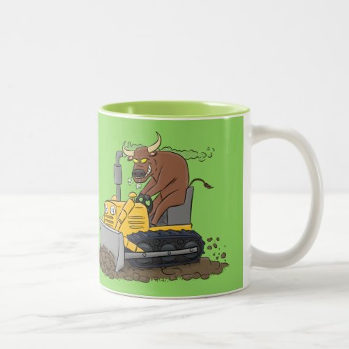 Funny bull driving bulldozer cartoon Two_Tone coffee mug