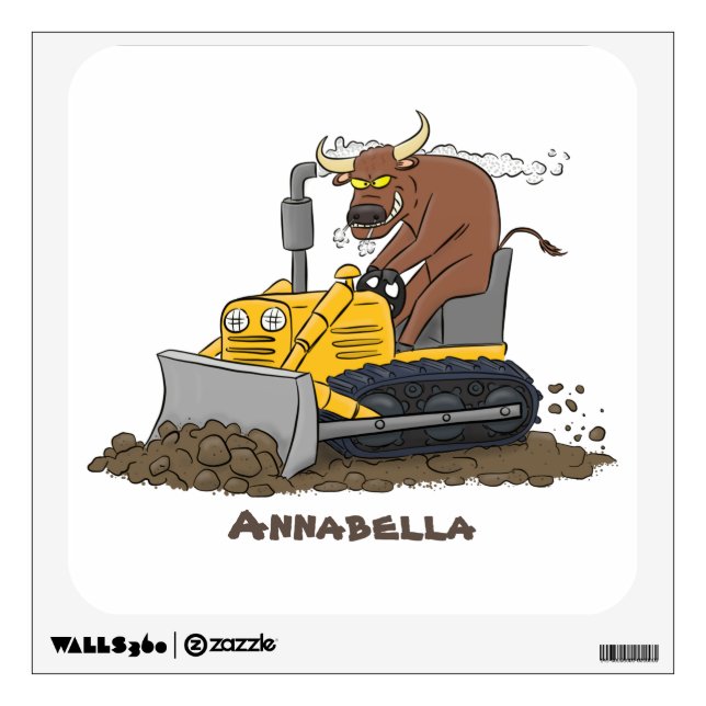 Funny bull driving bulldozer cartoon wall decal (Front)
