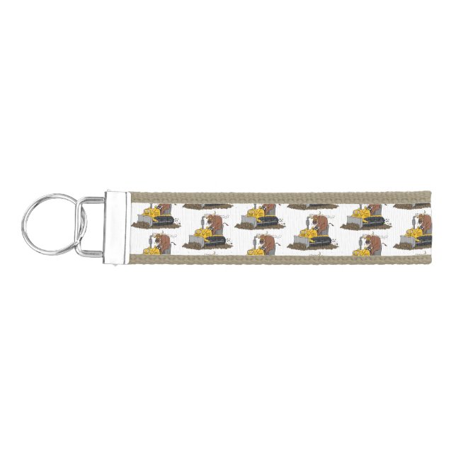 Funny bull driving bulldozer cartoon wrist keychain (Keys on Left)