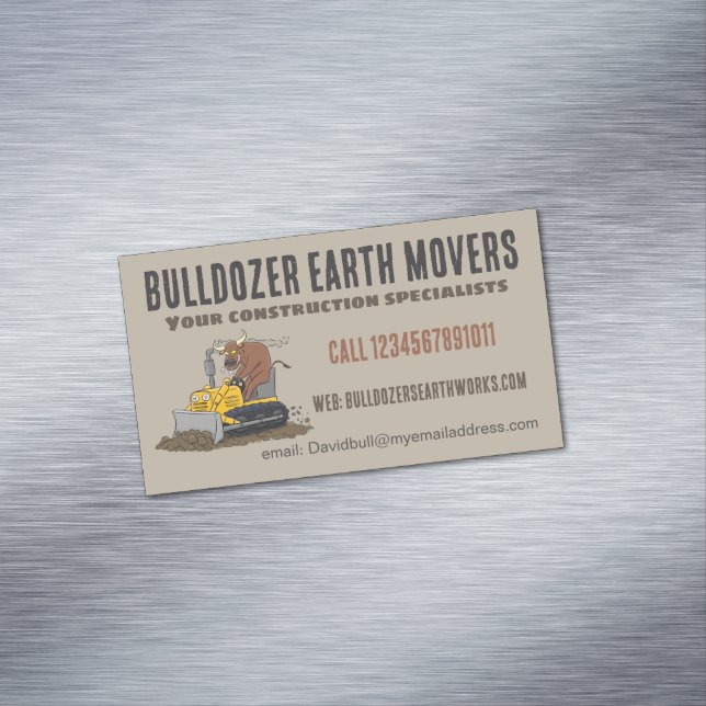 Funny bull driving bulldozer construction business business card magnet (In Situ)
