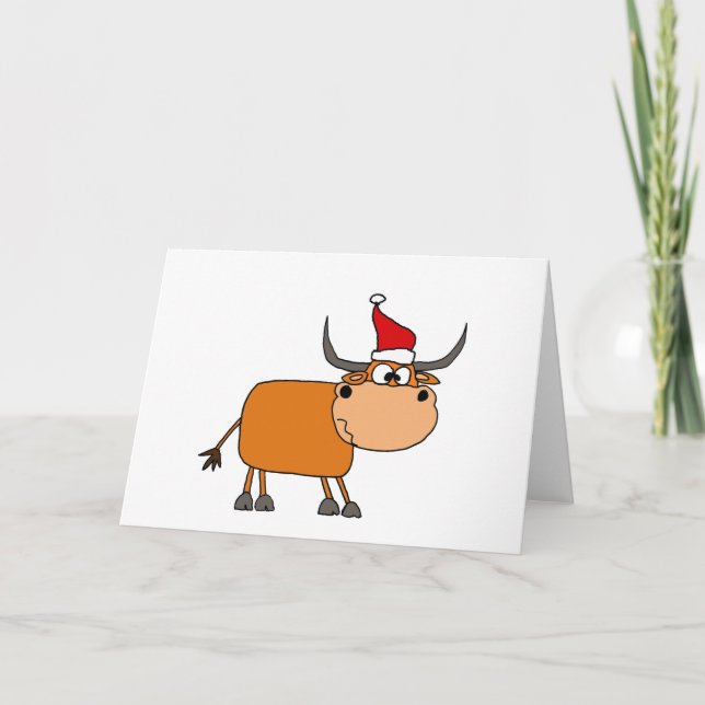 Funny Bull in Santa Hat Christmas Design Holiday Card (Front)