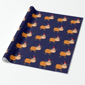 Funny Bull In Santa Hat Christmas Design Wrapping Paper by patcallum at Zazzle