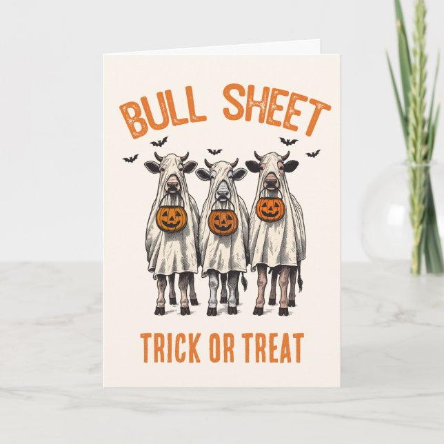 Funny Bull Sheet Vintage Halloween Cows Holiday Card (Front)