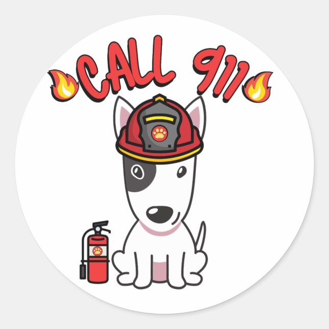 Funny Bull Terrier dog is a firefighter  Classic Round Sticker (Front)