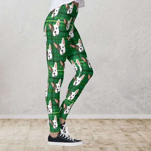 Funny Bulldog Green Plaid Trendy Cute Dog Leggings