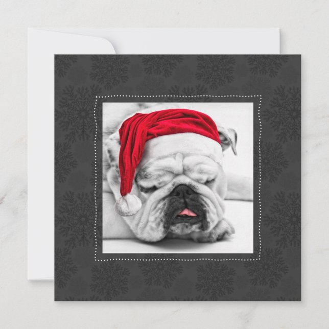 Funny Bulldog in a Santa Hat with Gray Snowflakes Holiday Card (Front)