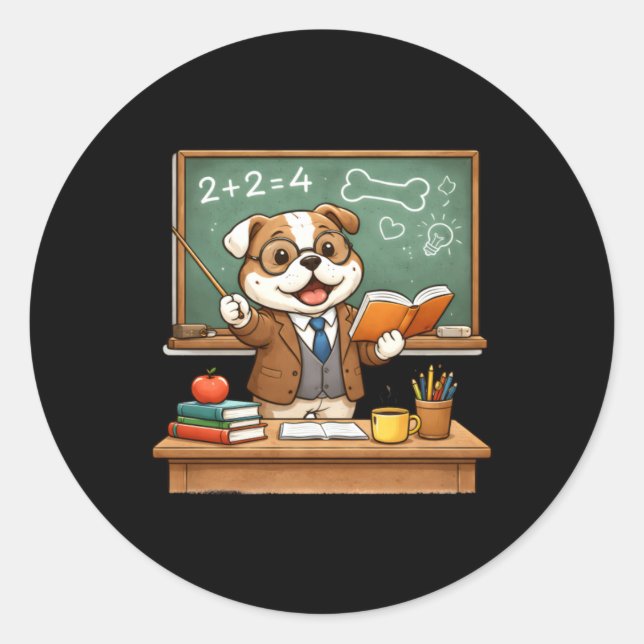 Funny Bulldog Is Teaching Design Classic Round Sticker (Front)
