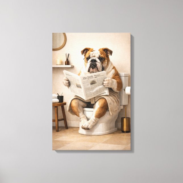 Funny Bulldog Reading Newspaper Bathroom Humor Canvas Print (Front)