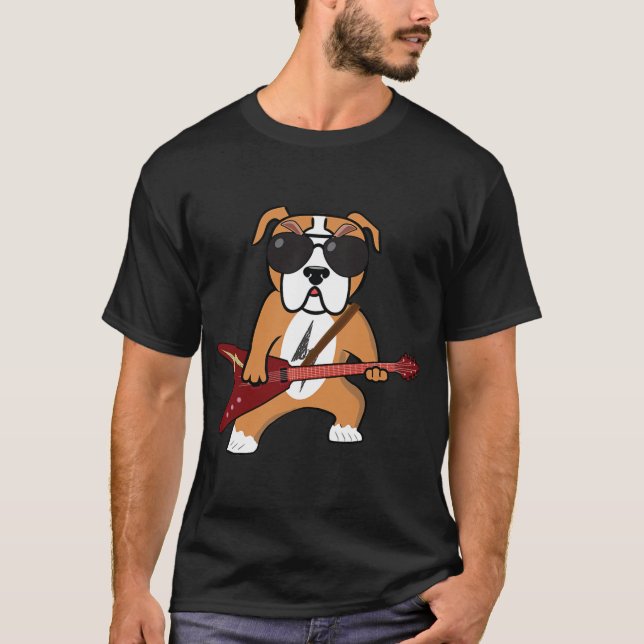 Funny Bulldog Rocker Dog Playing Guitar Rock T-Shirt (Front)