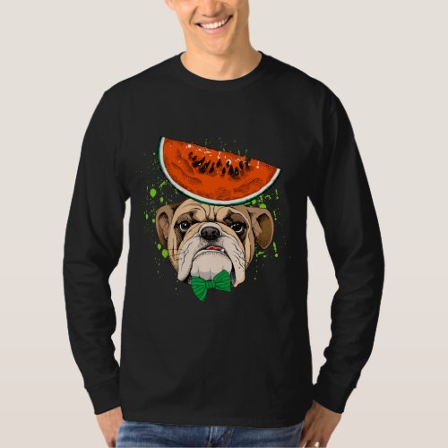 Funny BullDog Wearing Watermelon Fruit Hat T_Shirt