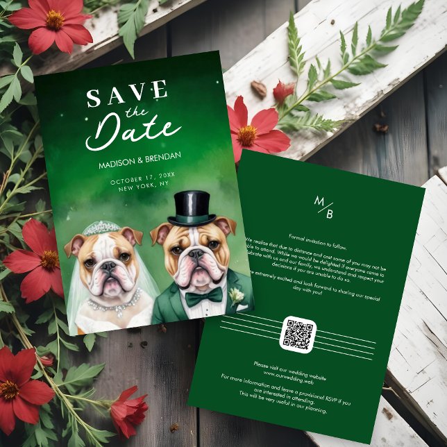Funny Bulldog Wedding Couple Cartoon Green Shades Save The Date (Funny Bulldog Wedding Couple Cartoon Save the Dates Cards in Green Shades. )