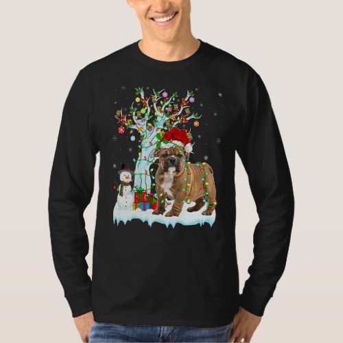 Funny Bulldog Xmas Tree Lighting Santa Hat Bulldog T_Shirt