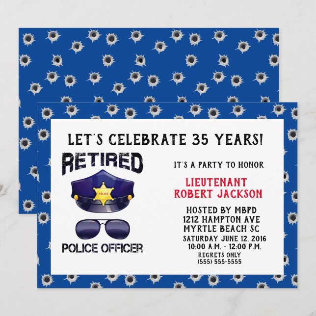 Funny Bullet Hole Police Officer Retirement   Invitation (Front/Back)