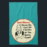 Funny Bunco Dilemma With Retro Woman Kitchen Towel<br><div class="desc">Funny retro style woman has a Bunco Dilemma. She is pondering why she can't throw dice and talk at the same time.  Some players have the talented where they can throw dice and talk at the same time.  Funny Bunco gag gift,  holiday gift,  hostess gift,  birthday gift or prize.</div>