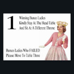 Funny Bunco Table Cards Queen #1<br><div class="desc">Vintage and retro graphic style Bunco table card features a royal Bunco queen complete with crown, pearls and Bunco dice. Bunco table cards are a great way to help Bunco players transition from table to table. Winning Bunco Ladies Kindly Stay At The Head Table And Sit At A Different Throne....</div>