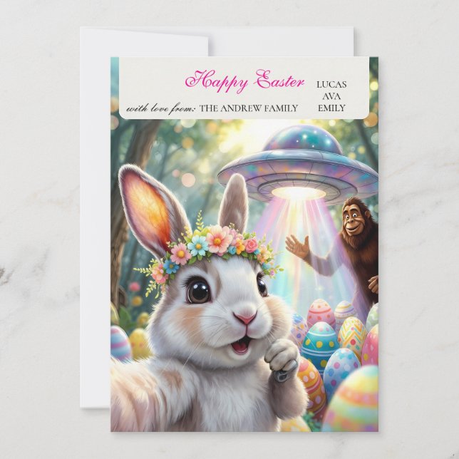Funny Bunny Bigfoot UFO Easter Personalized Family Holiday Card (Front)