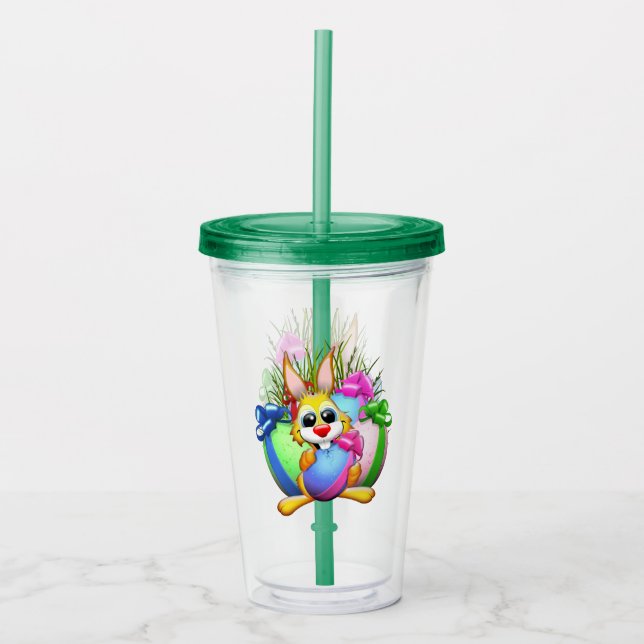 Funny Bunny biting an Easter Egg Acrylic Tumbler (Front)