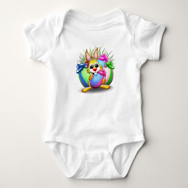 Funny Bunny biting an Easter Egg Baby Bodysuit (Front)