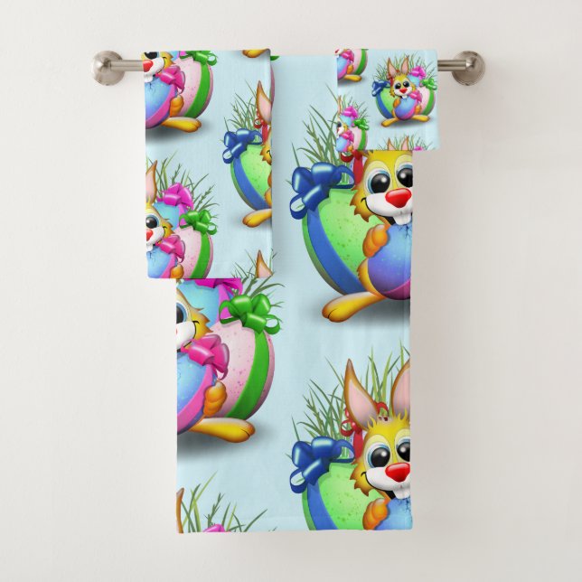 Funny Bunny biting an Easter Egg Bath Towel Set (Insitu)