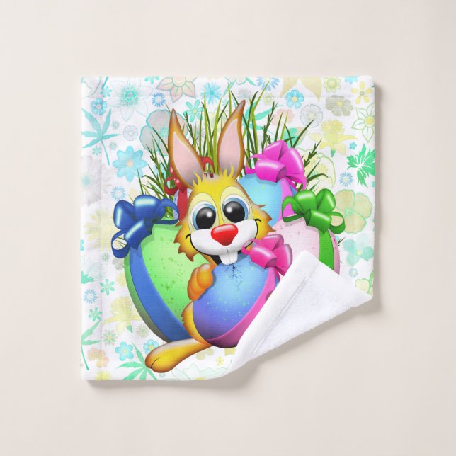 Funny Bunny biting an Easter Egg Bath Towel Set (Wash Cloth)