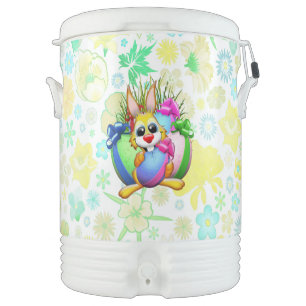 Funny Bunny biting an Easter Egg Beverage Cooler