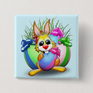 Funny Bunny biting an Easter Egg Button