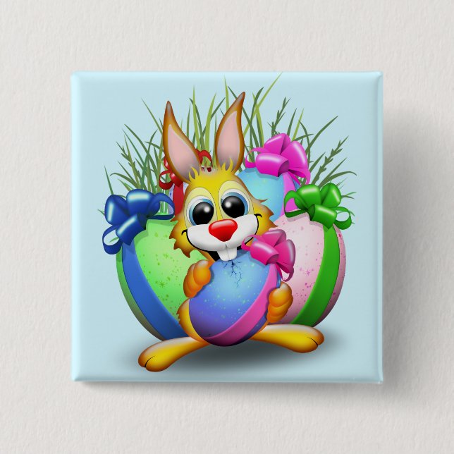 Funny Bunny biting an Easter Egg Button (Front)