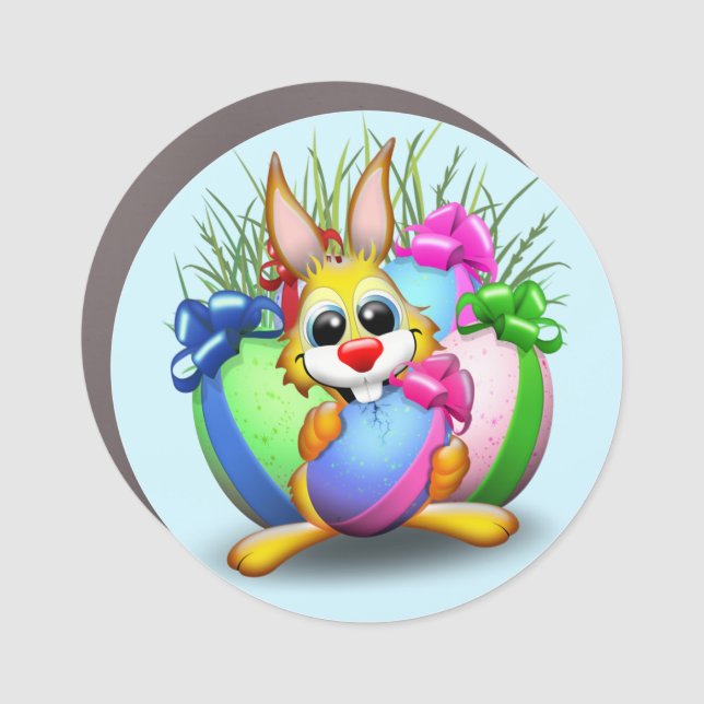 Funny Bunny biting an Easter Egg Car Magnet (Front)