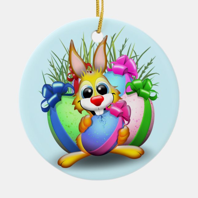 Funny Bunny biting an Easter Egg Ceramic Ornament (Front)