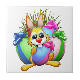 Funny Bunny biting an Easter Egg Ceramic Tile