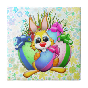 Funny Bunny biting an Easter Egg Ceramic Tile