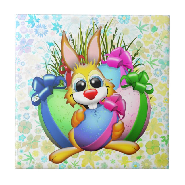 Funny Bunny biting an Easter Egg Ceramic Tile (Front)
