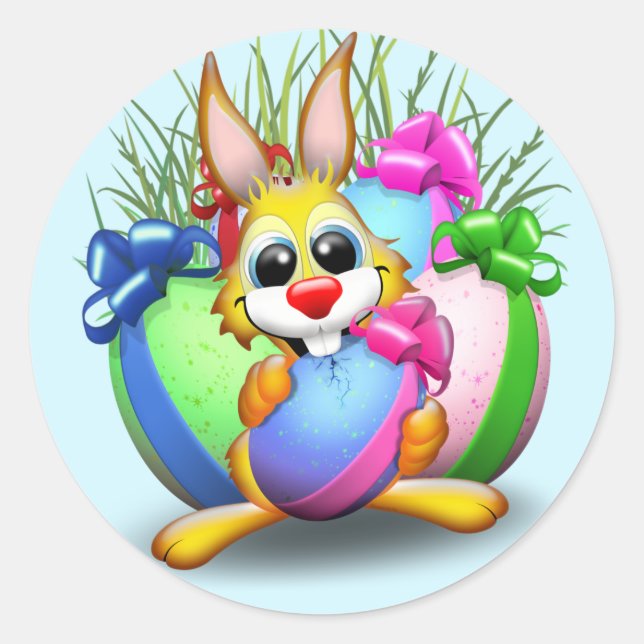 Funny Bunny biting an Easter Egg Classic Round Sticker (Front)