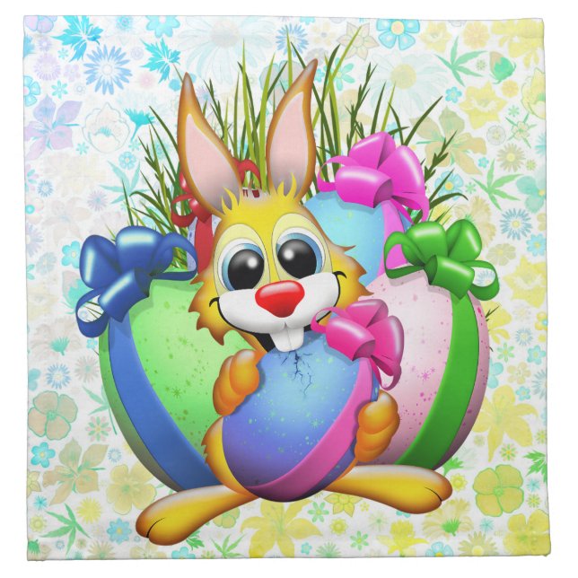 Funny Bunny biting an Easter Egg Cloth Napkin (Front)