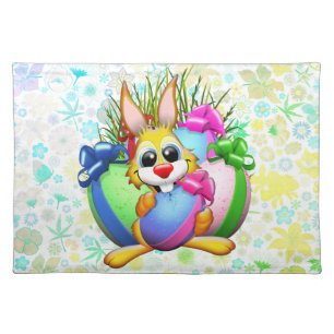 Funny Bunny biting an Easter Egg Cloth Placemat