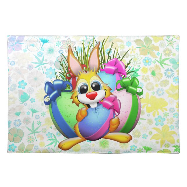 Funny Bunny biting an Easter Egg Cloth Placemat (Front)