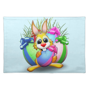 Funny Bunny biting an Easter Egg Cloth Placemat