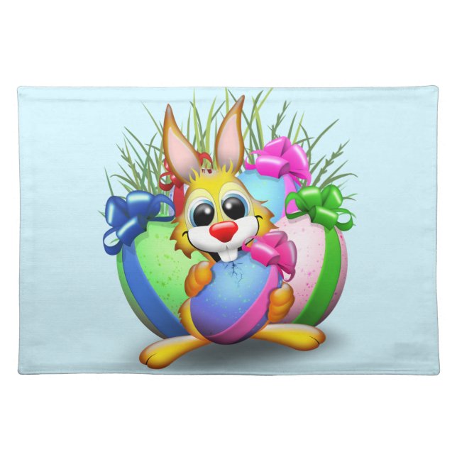 Funny Bunny biting an Easter Egg Cloth Placemat (Front)