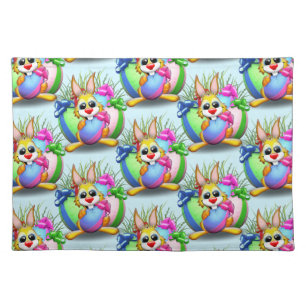 Funny Bunny biting an Easter Egg Cloth Placemat
