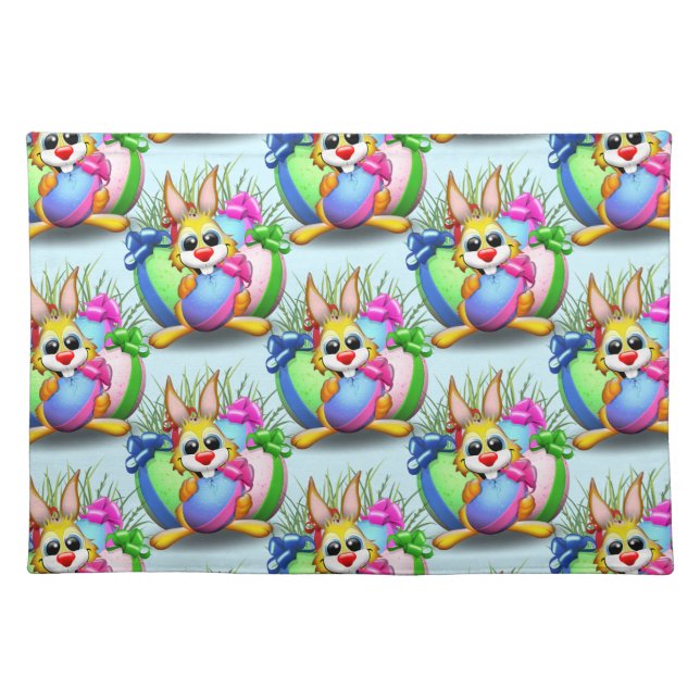 Funny Bunny biting an Easter Egg Cloth Placemat (Front)