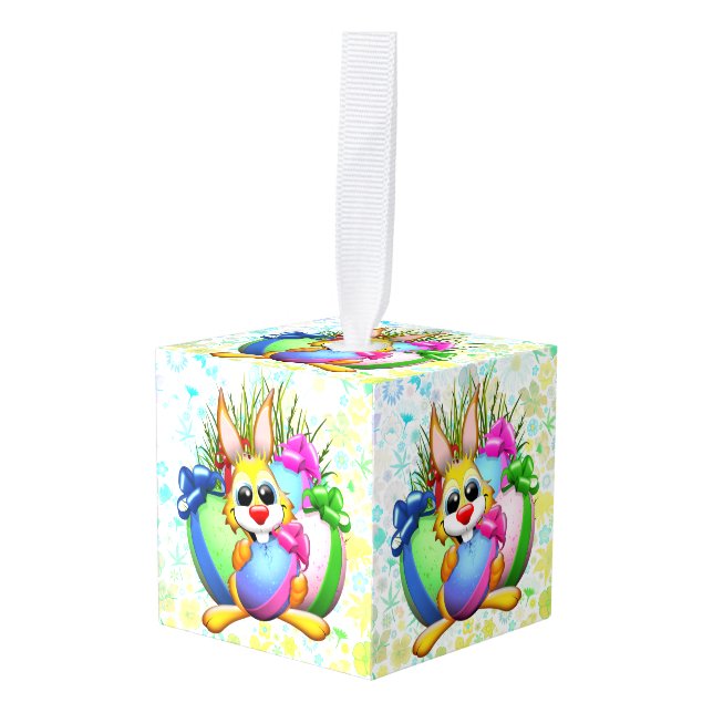 Funny Bunny biting an Easter Egg Cube Ornament (Front Angled)
