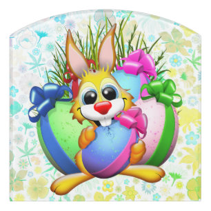 Funny Bunny biting an Easter Egg Door Sign