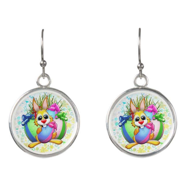 Funny Bunny biting an Easter Egg Earrings (Front)