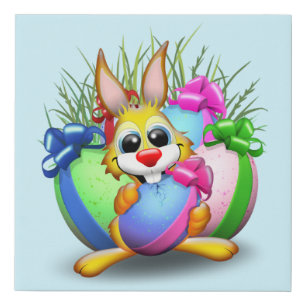 Funny Bunny biting an Easter Egg Faux Canvas Print