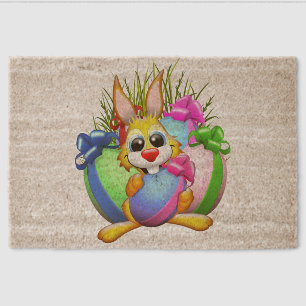 Funny Bunny biting an Easter Egg Fiber Doormat