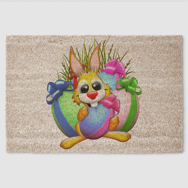 Funny Bunny biting an Easter Egg Fiber Doormat (Front)
